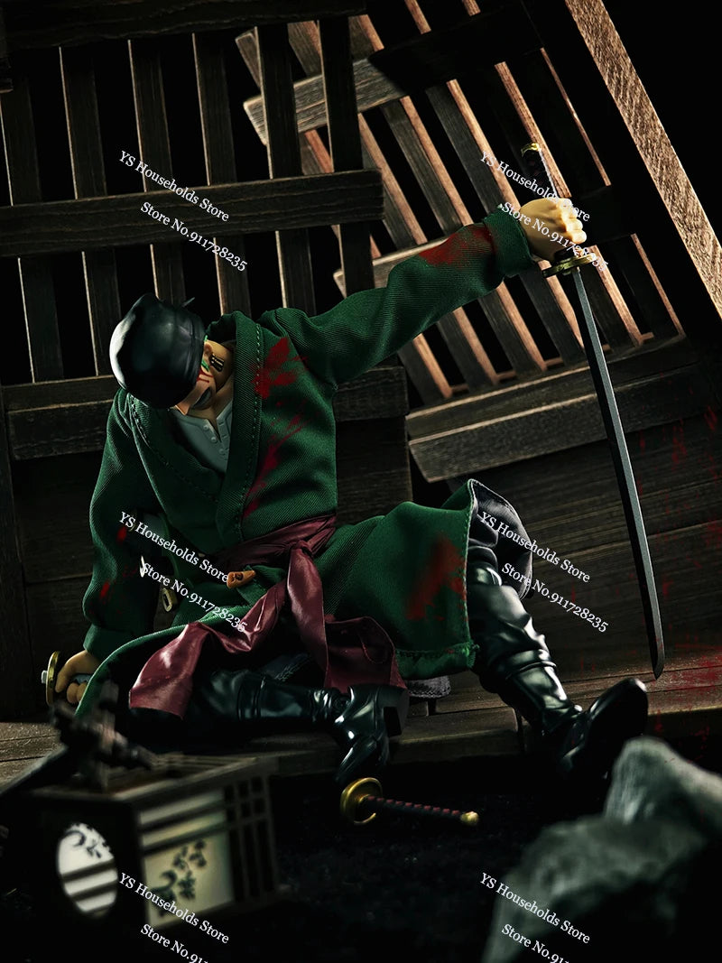 1/12 Anime One Piece Roronoa Zoro Man Soldier Mini Hemline Long Black Green Windbreaker Coat Toys Accessory For 6" Shf Figure