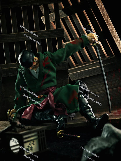 1/12 Anime One Piece Roronoa Zoro Man Soldier Mini Hemline Long Black Green Windbreaker Coat Toys Accessory For 6" Shf Figure