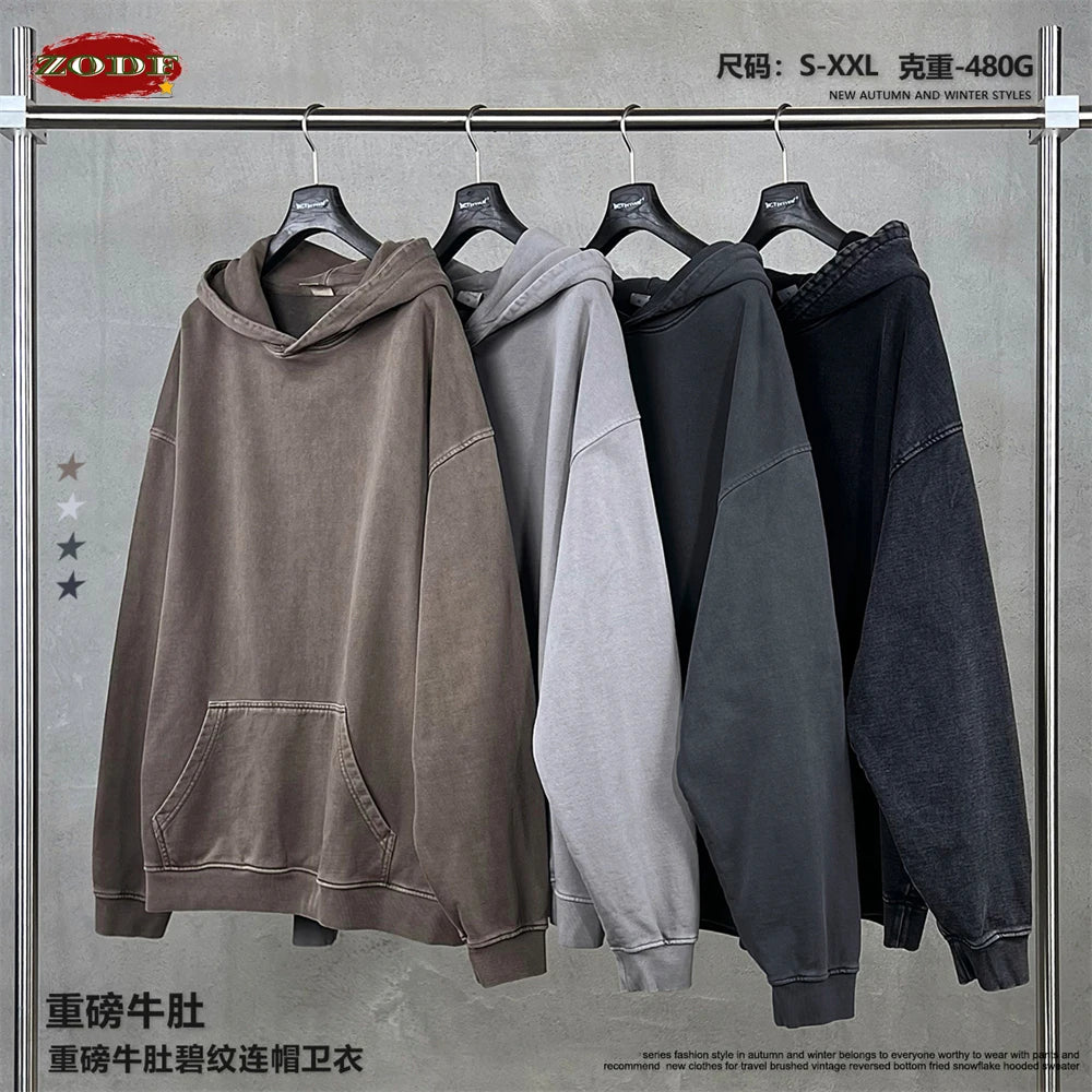 ZODF Retro Heavy Weight 480gsm Cotton Hoodies For Man Unisex Oversized Washed Distressed Hooded Pullovers Brand Coats HY1115