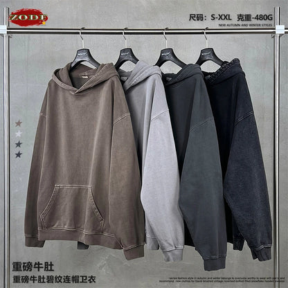 ZODF Retro Heavy Weight 480gsm Cotton Hoodies For Man Unisex Oversized Washed Distressed Hooded Pullovers Brand Coats HY1115
