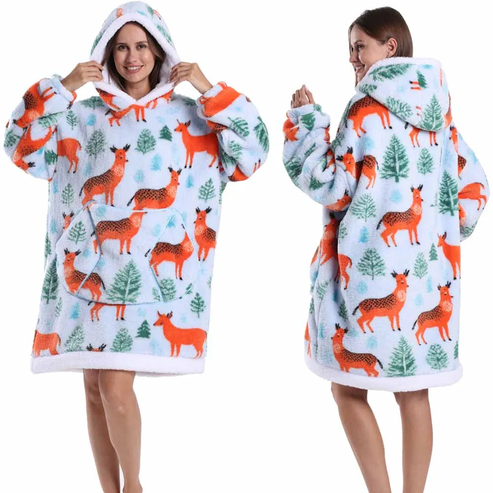 Leopard Winter Women Thicken Warm Hoodie Blanket Pink Blue Oversize Large Pocket Couple Loose Sweatshirts Mens Graphic Hoodies