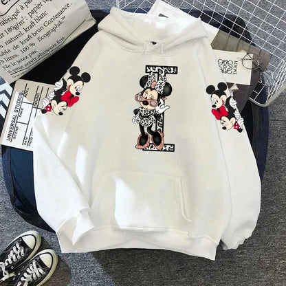 2024 Women's Winter Jacket Cute Kawaii Disney Mickey Mouse Lucky Letters Print White Hoodie Fashion Couple Streetwear Sportswear