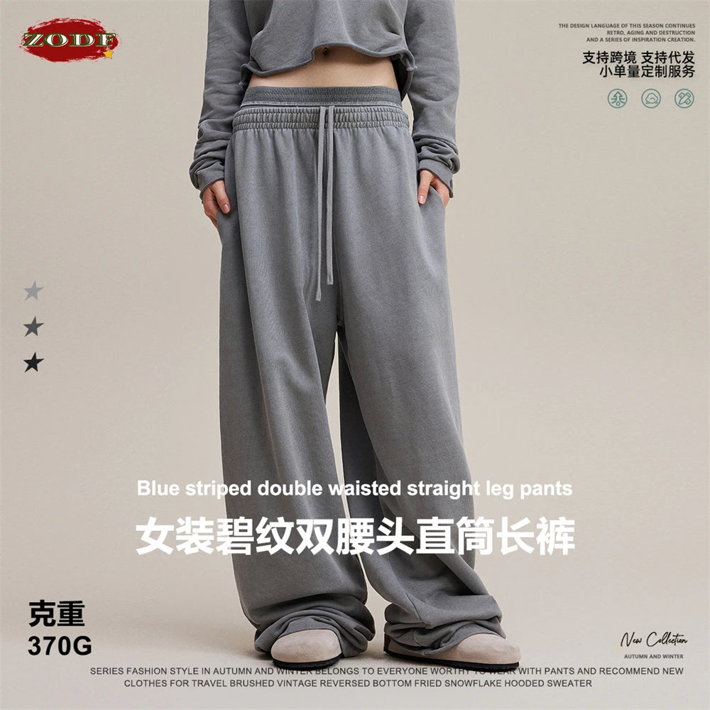 ZODF Retro Women Washed 370gsm Straight Pants Vintage Girls Female Loose Double Waist Wide Leg Cotton Trousers HY1150