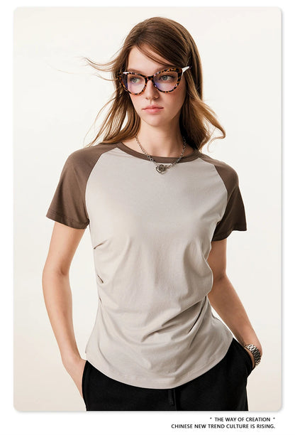 ZODF Hotsweet Summer Women Raglan Sleeve T-Shirts Girls Slim Fit 150gsm Casual Patchwork O Neck T Shirt Brand Tees HY1021