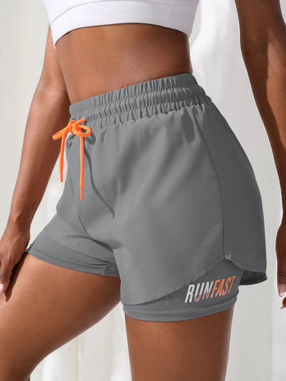 Women’s High Rise Elastic Waist Yoga and Running Shorts Fake Two-Piece Design - Grey / S
