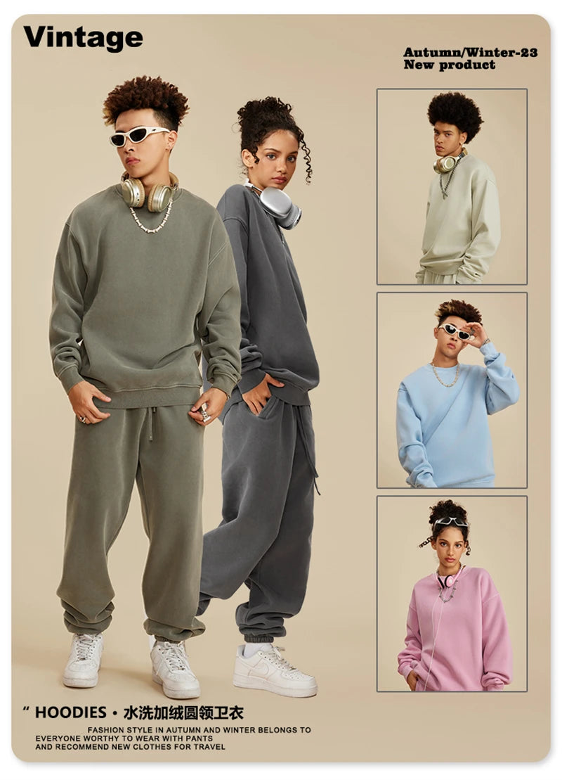 ZODF New Men Winter 355gsm Washed Fleece Sweatshirts Retro Unisex Oversized Solid O-Neck Warm Pullovers Coat Streetwears HY0639