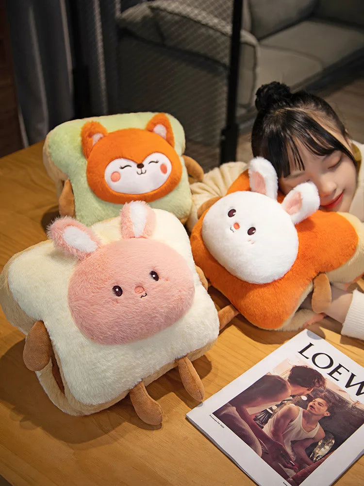 Plush Bread Pillow Kawaii Food Pig Rabbit Fox Toast Soft Doll Hand Warmer Home Decoration Cushion Kids Toys Birthday Gift