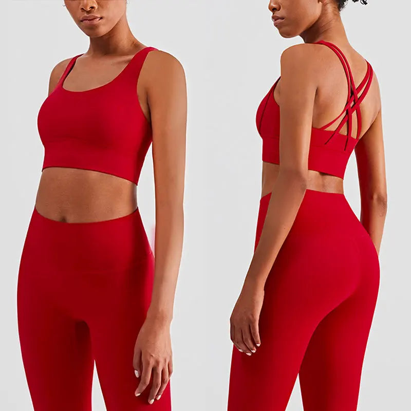 2 Piece Women’s Yoga Tracksuit Athletic Wear Pilates Fitness Suit Gym Workout Push-Up Sports Bra and Leggings Set - Red