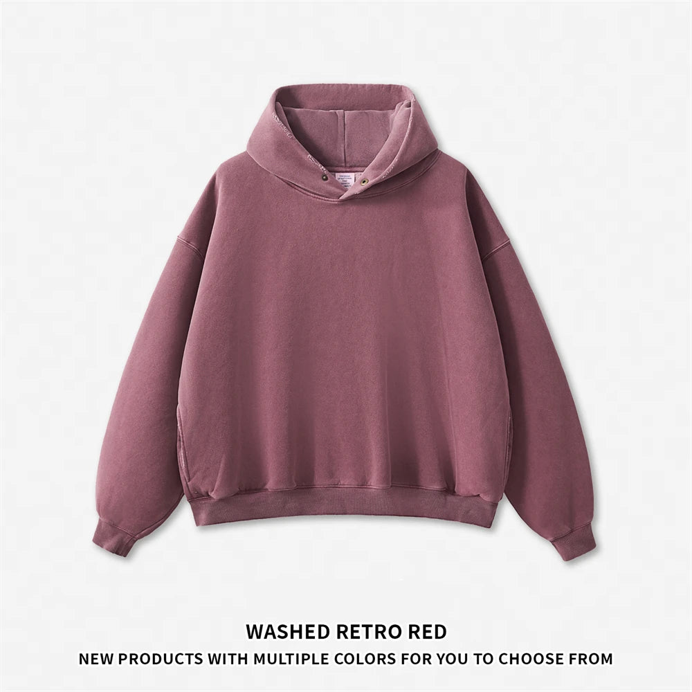 ZODF Vintage 350gsm Man Washed Boxy Fleece Hoodie Unisex Loose Ripped Warm Button Winter Hooded Pullovers Brand Clothing HY0053