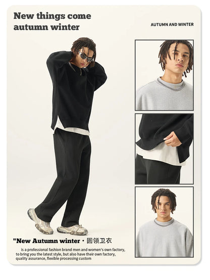 ZODF Fashion Men Winter Side Split Fleece Sweatshirt Winter Unisex Oversized 350gsm O Neck Warm Pullovers Brand Clothing HY0058