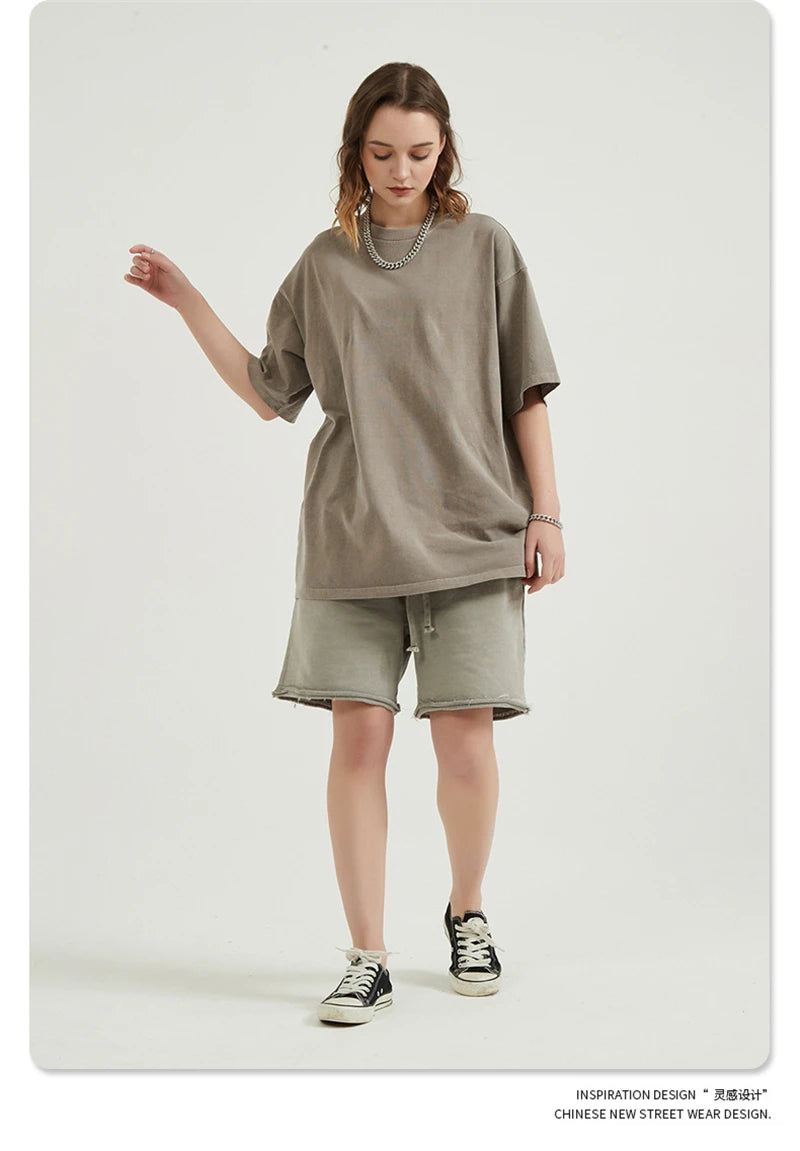 ZODF Men 2024 Retro Summer Washed Solid Cotton T-Shirts Unisex Retro Loose High Street 250gsm Basic Tees Streerwears HY0075