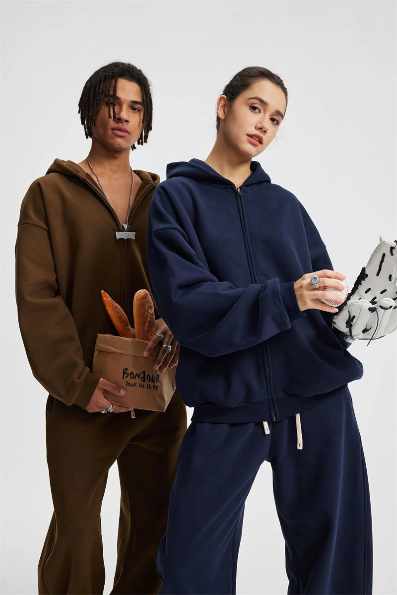 ZODF Trendy Winter Man Warm 430gsm Fleece Zipper Hoodies Unisex Solid Loose Zip-Up Hooded Coats Brand Outfit HY1130