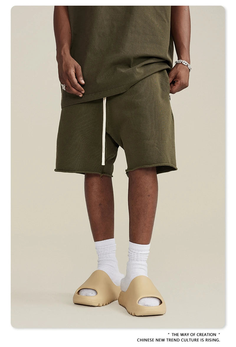 ZODF New Summer Men Retro Washed Shorts Unisex Drawstring Loose Edge 420gsm Solid Knee Length Cotton Pants Streetwears HY0589