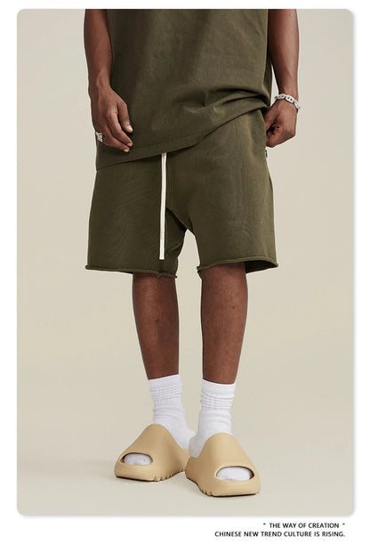 ZODF New Summer Men Retro Washed Shorts Unisex Drawstring Loose Edge 420gsm Solid Knee Length Cotton Pants Streetwears HY0589