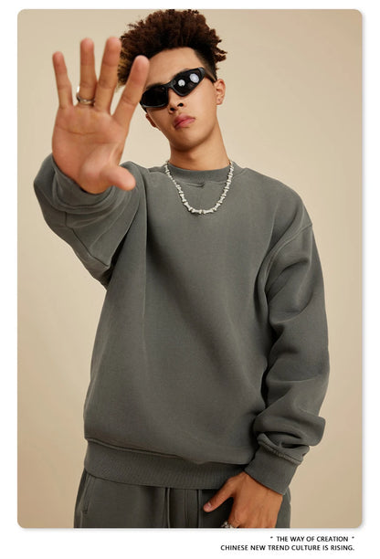 ZODF New Men Winter 355gsm Washed Fleece Sweatshirts Retro Unisex Oversized Solid O-Neck Warm Pullovers Coat Streetwears HY0639