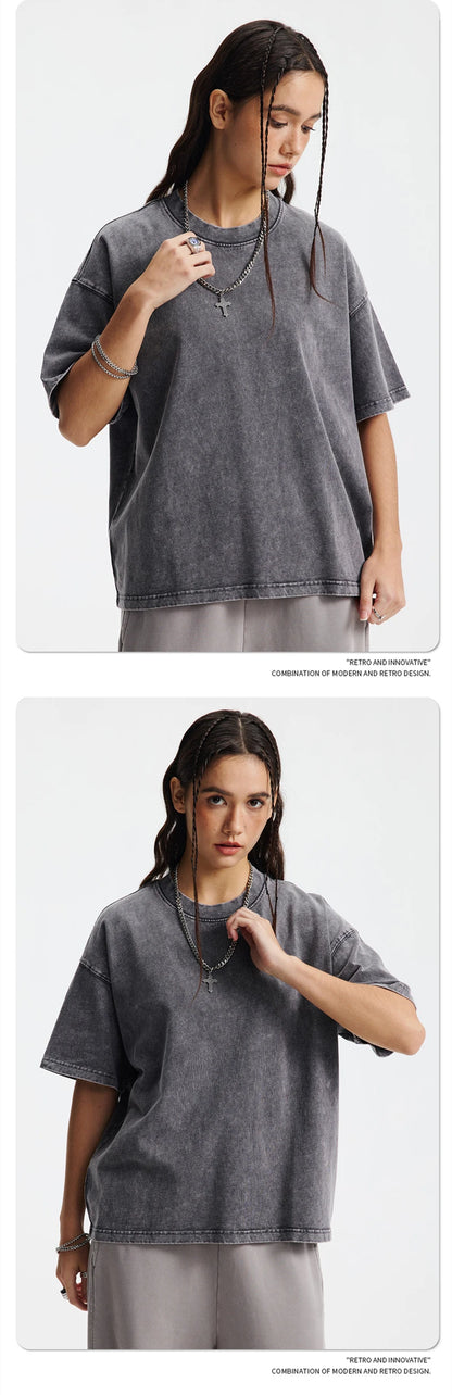 ZODF New Hip Hop Washed Cotton Boxy T-Shirts For Men Unisex Retro Loose Fit Basic Short Version T Shirt Brand Tops HY1076