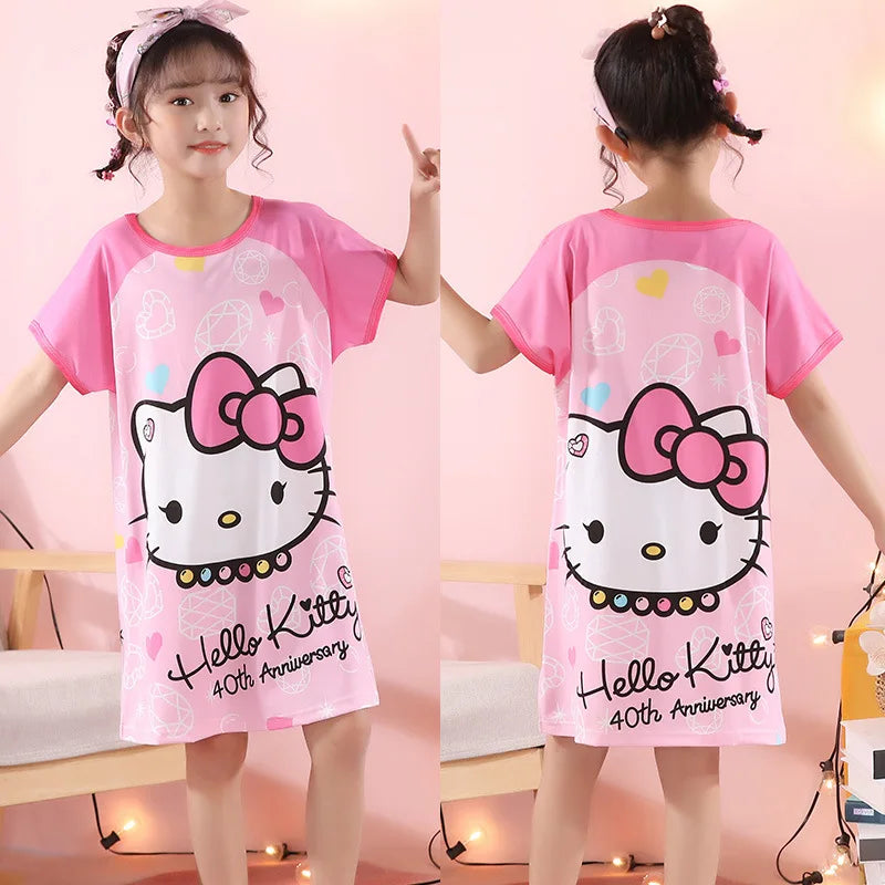 MINISO Children Home Clothing Girls Night Dress Summer Short Sleeve Disney Hello Kitty Cat Toddler Girl Pjs Nightgown Sleepwear