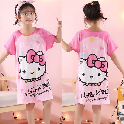 MINISO Children Home Clothing Girls Night Dress Summer Short Sleeve Disney Hello Kitty Cat Toddler Girl Pjs Nightgown Sleepwear