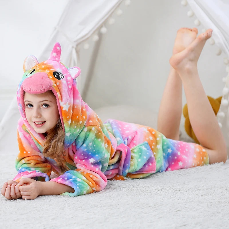 Toddler Boys Bathrobe Girl Sleepwear Winter Flannel Hooded Bath Towel Teen Dinosaur Cow Pjs Animal Pajamas Robe Children Clothes