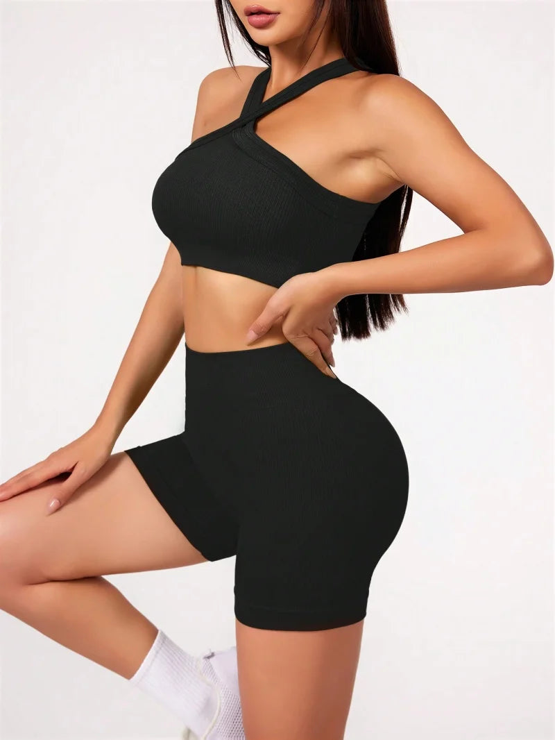 2pcs Women’s High Waist Yoga Set Naked Feel Gym Workout Clothes Strappy Sports Bra and Shorts Summer - black / XS（old）