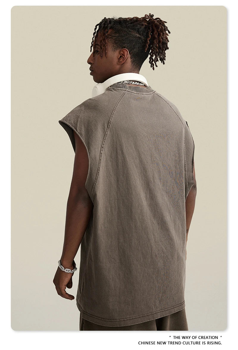 ZODF American Retro Men Washed Solid Tank Tops Women Unisex Loose Edge 275gsm Cotton Sleeveless Tees Brand Streetwears HY0503