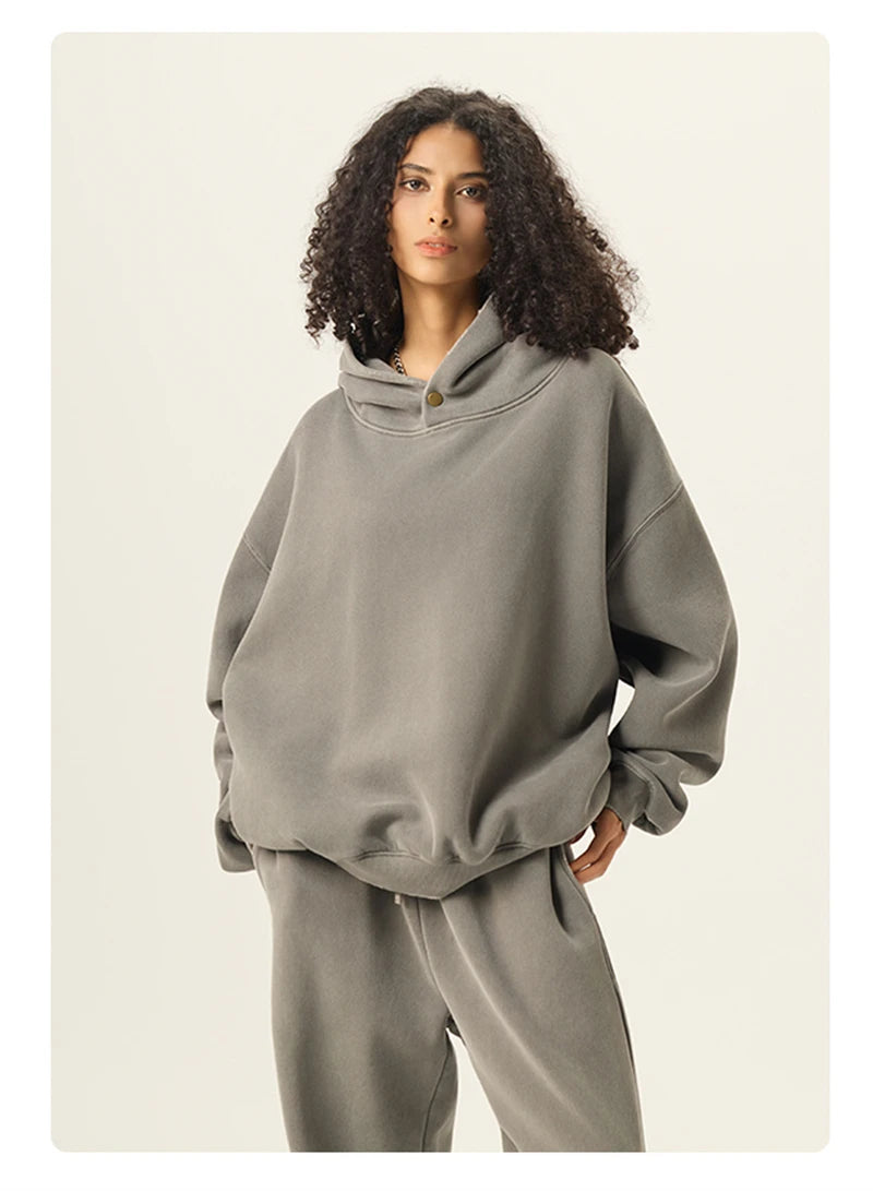 ZODF Vintage 350gsm Man Washed Boxy Fleece Hoodie Unisex Loose Ripped Warm Button Winter Hooded Pullovers Brand Clothing HY0053