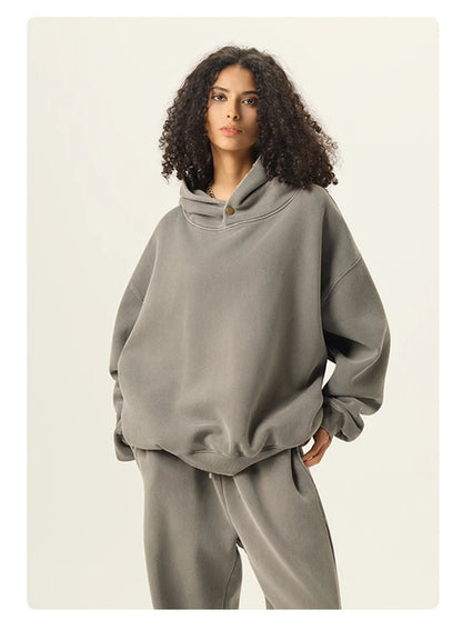 ZODF Vintage 350gsm Man Washed Boxy Fleece Hoodie Unisex Loose Ripped Warm Button Winter Hooded Pullovers Brand Clothing HY0053