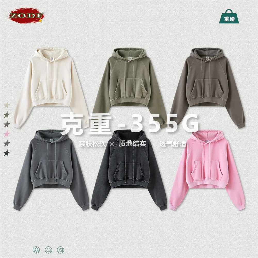 ZODF Women Hotsweet 2025 Winter Washed Fleece Crop Hoodies Girls Oversized Raglan Sleeve 400gsm Hooded Pullovers HY0648