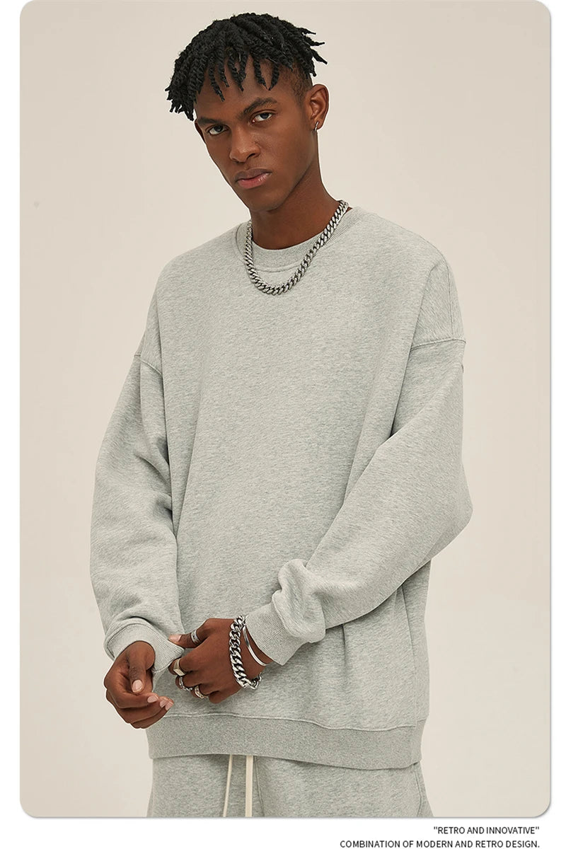 ZODF New 2025 Winter 350gsm Fleece Sweatshirts For Men Unisex Casual Loose Basic Solid O-Neck Thick Warm Pullovers HY0635