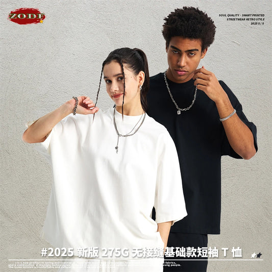 ZODF Trendy 2025 Summer Men 275gsm Cotton T-Shirts Casual Unisex Seamless Oversized O Neck T Shirt Tees HY1030