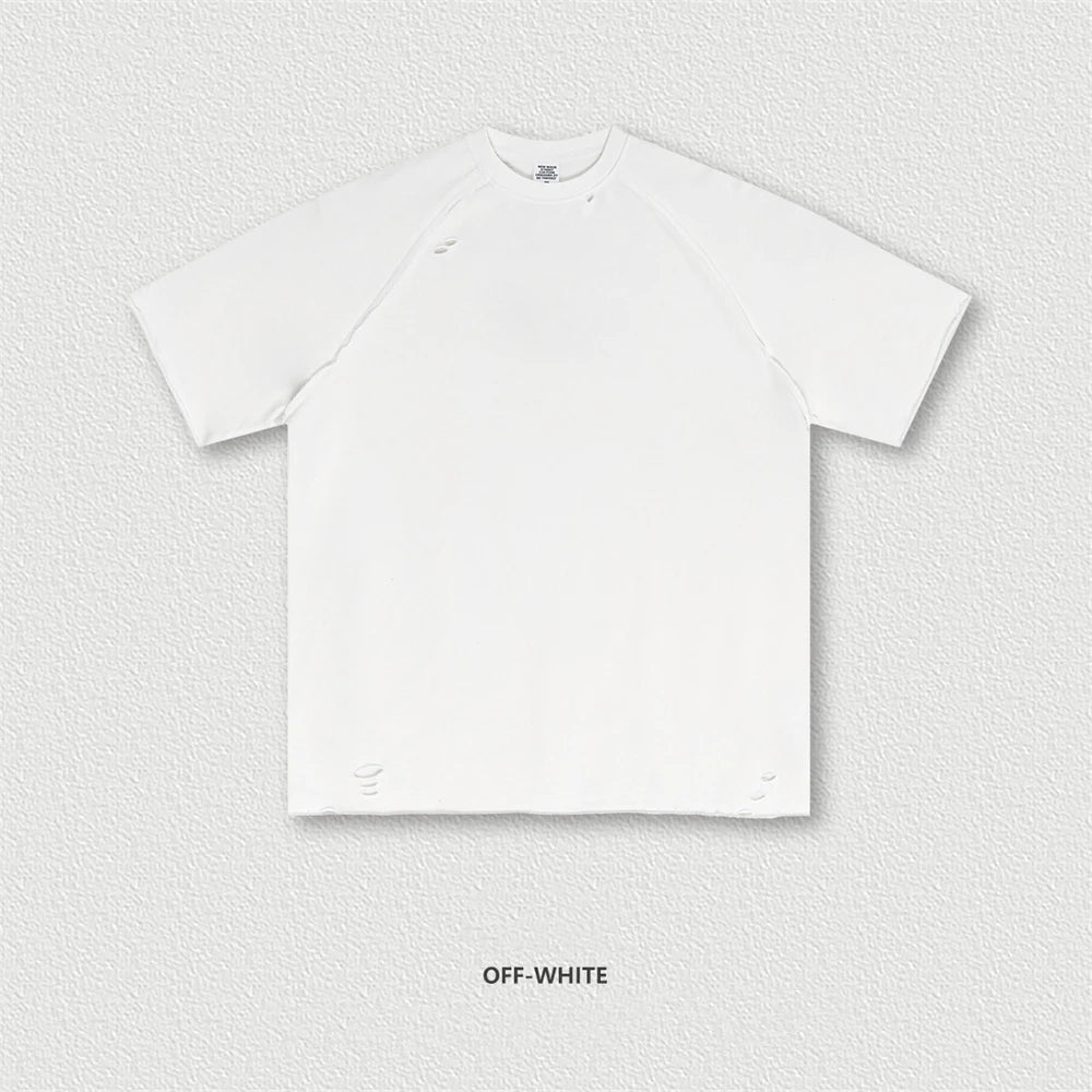 ZODF 2025 Men Summer Heavy Weight Washed 330gsm Cotton T-shirt Unisex High Street Distressed Holes Oversized T Shirts Tee HY0984