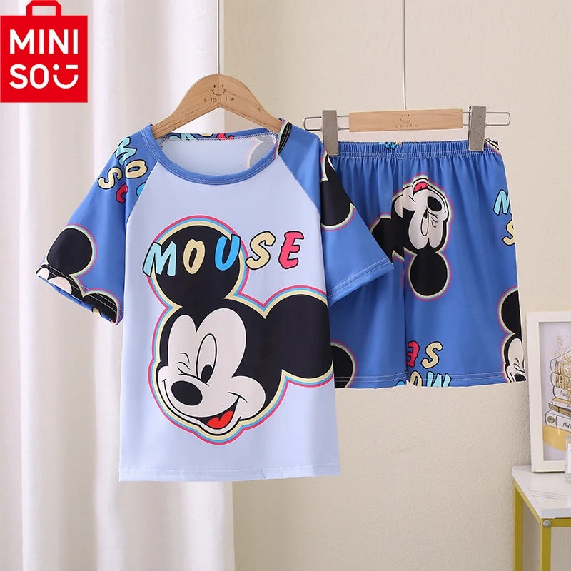 MINISO Boys Pajamas Sets Disney Summer Two Pieces Set 3 to 4 5 6 7 8 9 10 11 12 Years Blue Mickey Mouse Print Children Clothing