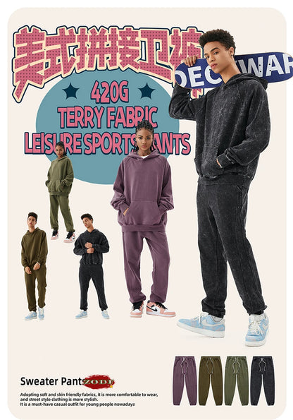 ZODF New Autumn Winter Batik Washed Cotton Sweatpants For Men Unisex Distressed Patchwork Loose 420gsm Sport Jogger Pants HY0724