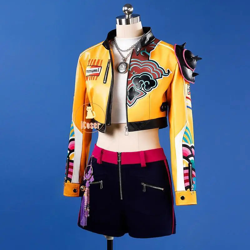 Anime KPop Demon Hunters Rumi Cosplay Costume Wig Yellow Leather Jacket Huntrix Uniform Halloween Party Women Girls Props iCoser