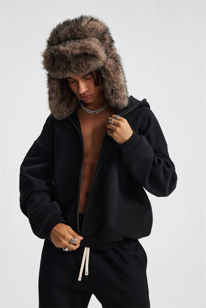 ZODF Trendy Winter Man Warm 430gsm Fleece Zipper Hoodies Unisex Solid Loose Zip-Up Hooded Coats Brand Outfit HY1130