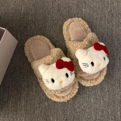 New Sanrio Sweet Hello Kitty Warm Cotton Slippers For Student Dormitory Comfortable One Word Hairy Adult Cotton Slippers
