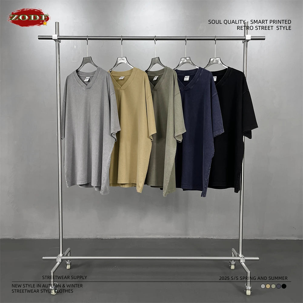 ZODF 2025 Men Summer 250gsm Batik Washed Cotton T-Shirts Retro Unisex Oversized V Neck Distressed T Shirt Brand Tees HY1067