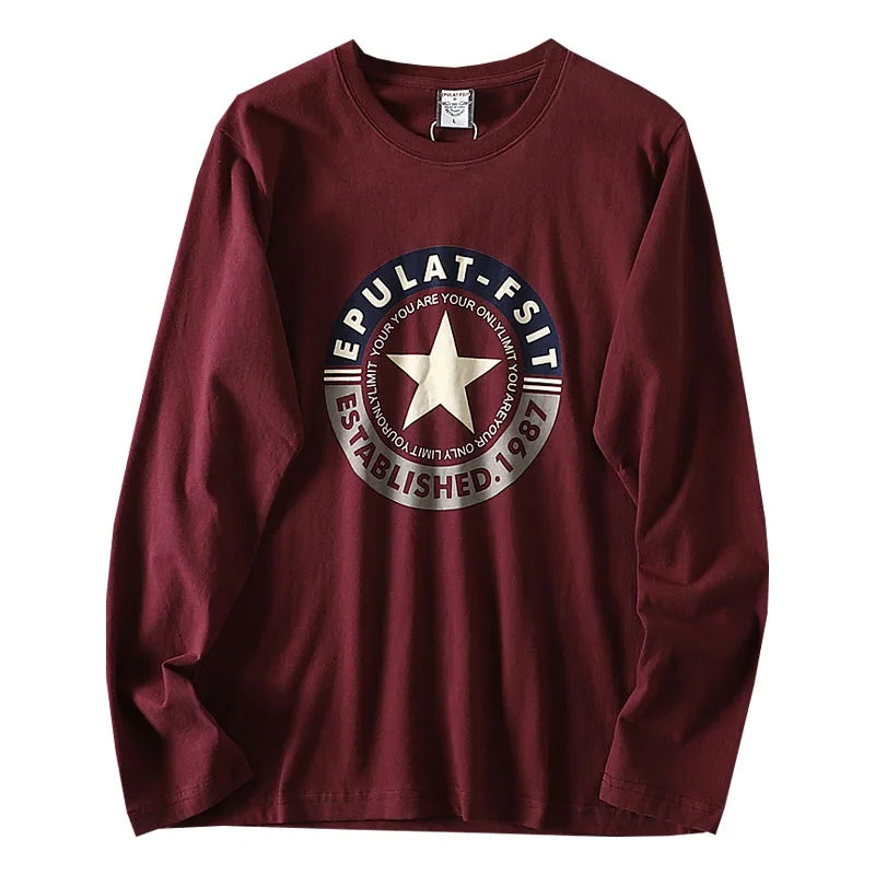 2025 Autumn New American Retro Long-sleeved O-neck Letter Printed T-shirt Men's Fashion 100% Cotton Washed Casual Sport Tops