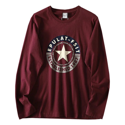 2025 Autumn New American Retro Long-sleeved O-neck Letter Printed T-shirt Men's Fashion 100% Cotton Washed Casual Sport Tops