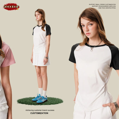 ZODF Hotsweet Summer Women Raglan Sleeve T-Shirts Girls Slim Fit 150gsm Casual Patchwork O Neck T Shirt Brand Tees HY1021