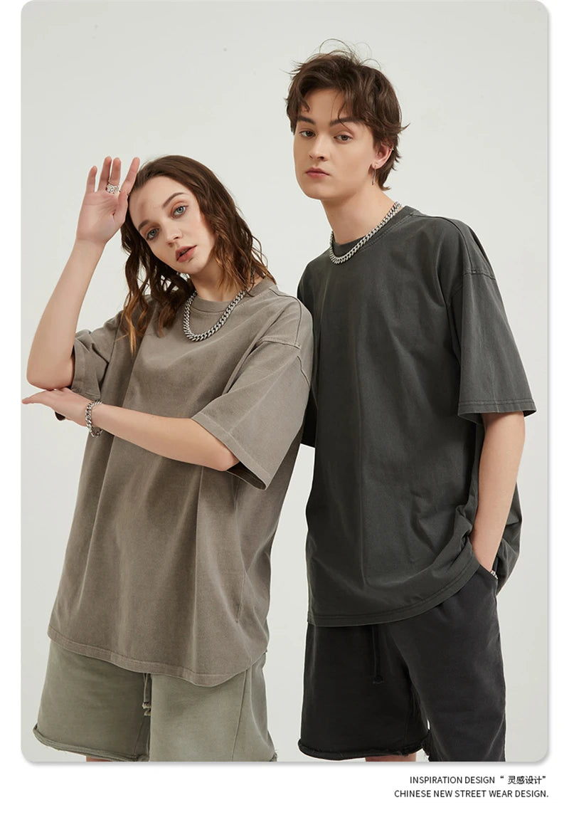 ZODF Men 2024 Retro Summer Washed Solid Cotton T-Shirts Unisex Retro Loose High Street 250gsm Basic Tees Streerwears HY0075