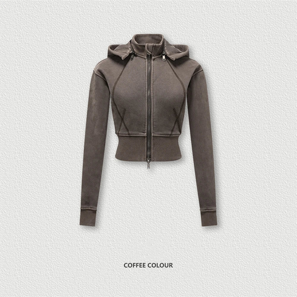 ZODF Vintage 2025 Winter Batik Washed Crop Hoodies Female Girls Remove Hood Heavy Weight Sport 400gsm Hooded Coat HY1085