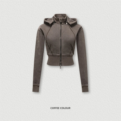 ZODF Vintage 2025 Winter Batik Washed Crop Hoodies Female Girls Remove Hood Heavy Weight Sport 400gsm Hooded Coat HY1085