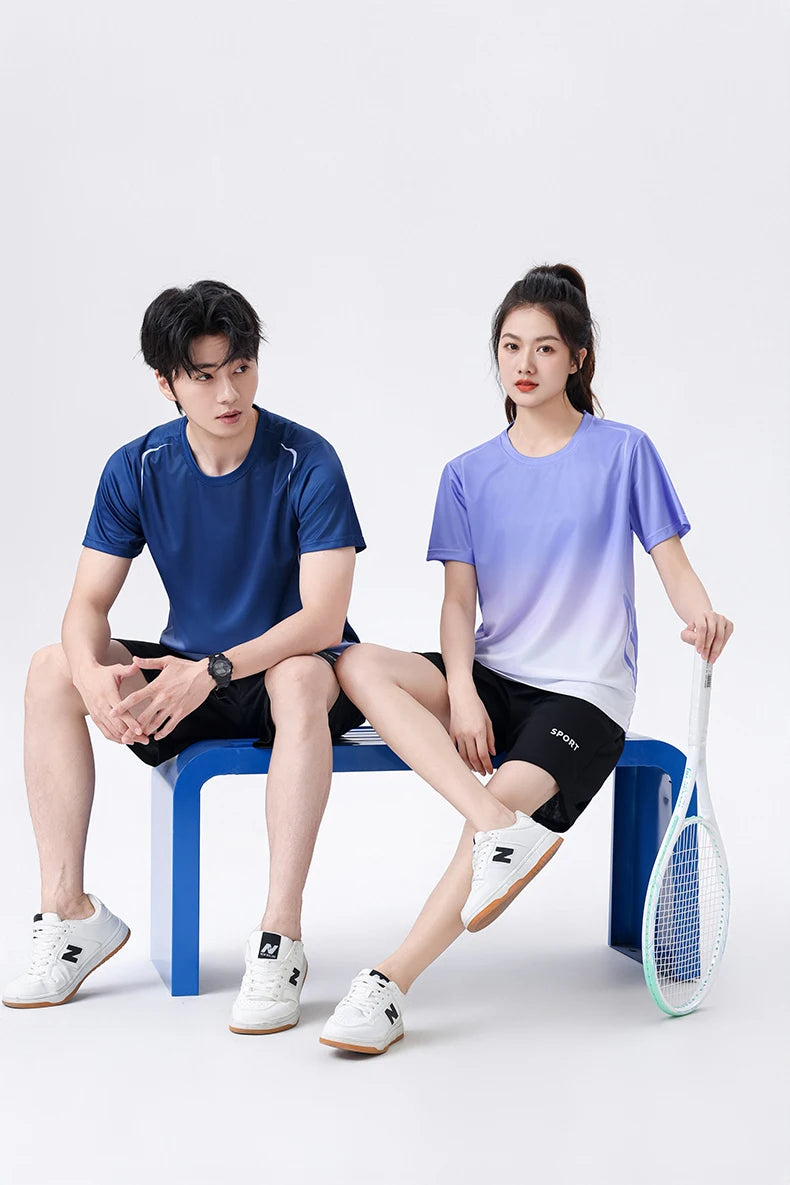 Chrlck Unisex Gradient Quick-Dry Ice Silk Fitness T-Shirt and Shorts Set for Running Gym Training