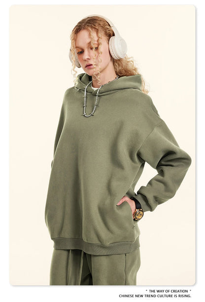 ZODF New Winter Men Solid Fleece Hoodies Unisex Women 345gsm Loose Warm Side Zipper Pocket Hooded Pullovers Brand Clothes HY0867