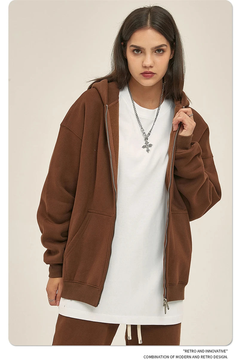 ZODF New Men Double Headed Zipper Fleece Hoodies Unisex Loose Basic Solid Warm Hooded Sweatshirts Coats For Winter HY0633