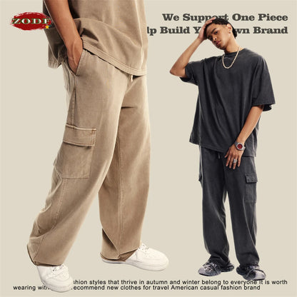 ZODF New 2024 Spring Summer 358gsm Cotton Cargo Pants For Men Unisex Casual Washed Straight Multi-Pockets Loose Trousers HY0829