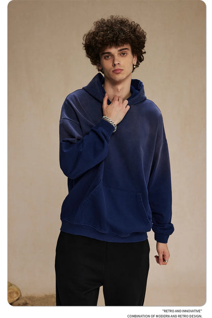 ZODF Retro Men's Heavyweight Gradient Washed Hoodies Unisex Loose Distressed Holes 450gsm Knitted Hooded Pullovers HY0891