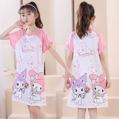 MINISO Children Home Clothing Girls Night Dress Summer Short Sleeve Disney Hello Kitty Cat Toddler Girl Pjs Nightgown Sleepwear
