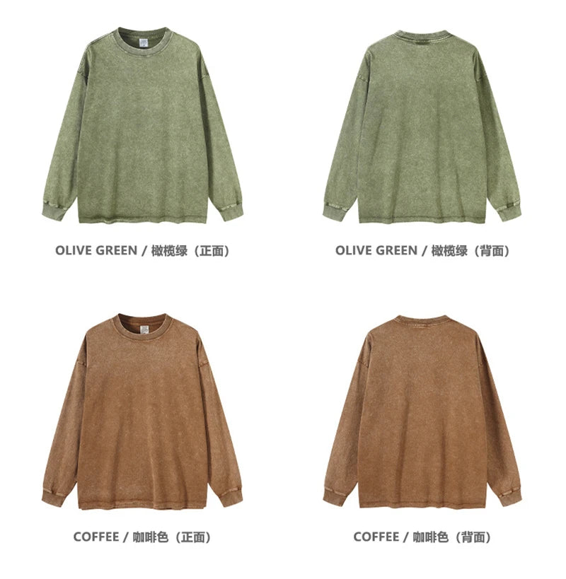 ZODF Retro 2025 Men Autumn Batik Washed T Shirt Unisex Oversized Basic Long Sleeve Solid 270gsm Cotton T-Shirts Tees HY0641